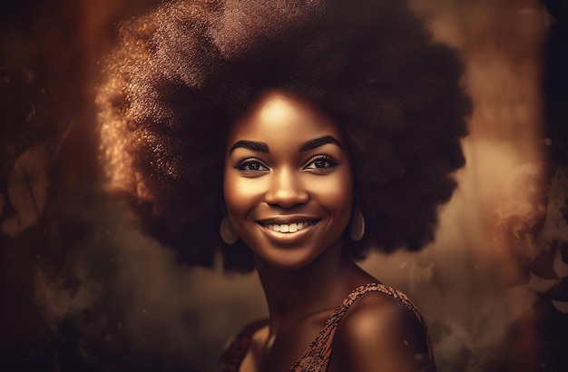 Retrato de uma mulher africana sorridente com cabelos cacheados