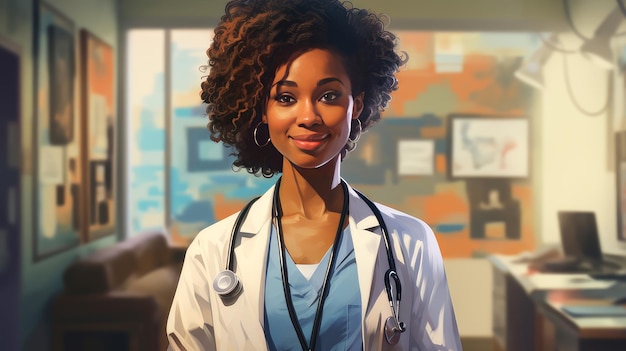 Retrato de uma mulher afro-americana de pele escura sorridente com um estetoscópio em um hospital médico