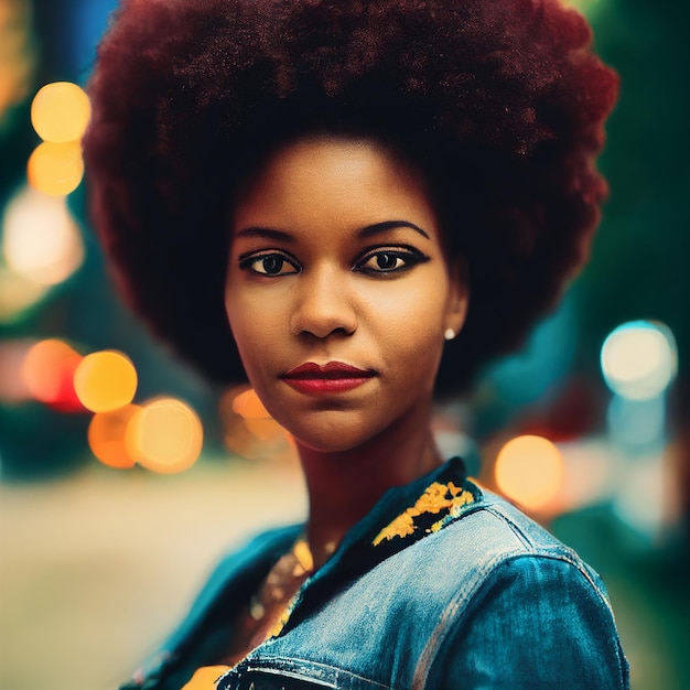 Retrato de uma mulher afro-americana elegante com um penteado afro olhando para a câmera ilustração hiper-realista