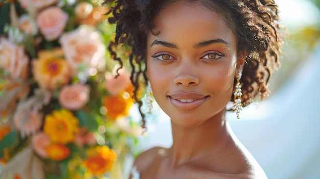 Retrato de uma mulher afro-americana num vestido de noiva num vestido branco