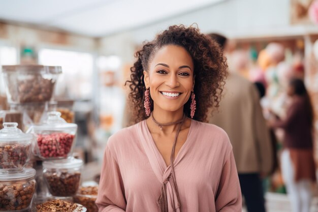 Retrato de uma mulher afro-americana sorridente em uma loja