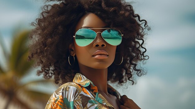 Retrato de uma mulher afro-americana sorridente usando óculos de sol na praia com espaço de cópia Uma garota negra feliz usando óculos à moda enquanto sorri à beira-mar Uma mulher bonita relaxando no mar