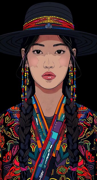 Retrato de uma mulher Ainu vestindo uma túnica tradicional e um chapéu com T-shirt Design Art Tattoo Ink Frames