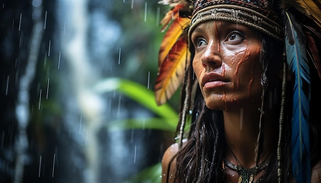 Foto retrato de uma mulher amazônica sob uma cachoeira na floresta amazônica