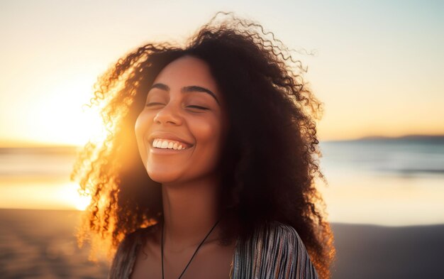 Foto retrato de uma mulher ao pôr do sol ai generative ai