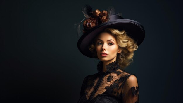 Foto retrato de uma mulher aristocrática com um elegante chapéu de borda larga e vestido de luxo moda de beleza