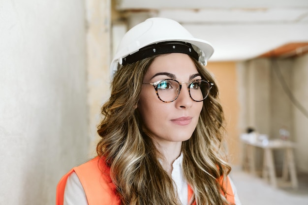 Retrato de uma mulher arquitecta profissional e confiante na renovação de uma casa em construção