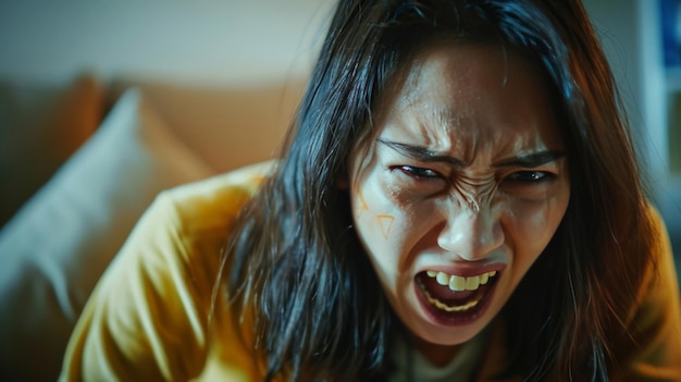 Retrato de uma mulher asiática com expressão facial gritando retrato de uma menina de beleza de um drama de esgotamento de pânico