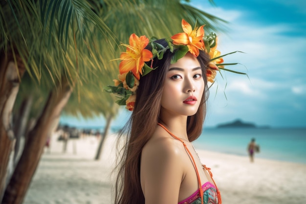 Retrato de uma mulher asiática na praia Tropical