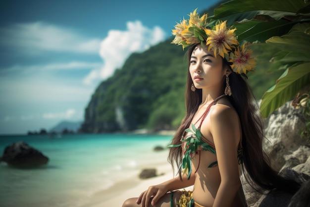 Retrato de uma mulher asiática na praia Tropical