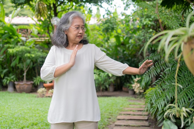 Retrato de uma mulher asiática sênior fazendo ioga e exercícios de alongamento no jardim para um treino