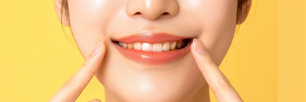 Foto retrato de uma mulher asiática sorridente com dentes amarelos visivelmente descoloridos conceito de higiene dental