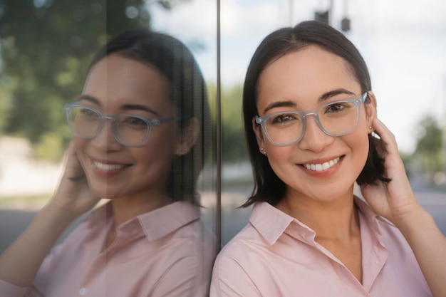 Retrato de uma mulher asiática sorridente confiante usando óculos elegantes na rua