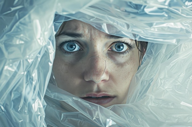 Foto retrato de uma mulher assustada embrulhada num saco de plástico