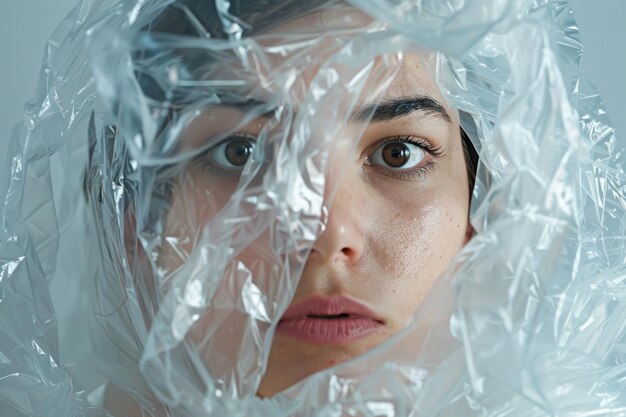 Foto retrato de uma mulher assustada embrulhada num saco de plástico