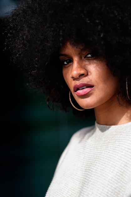 Retrato de uma mulher atraente afro em cima da parede. Conceito de estilo de cabelo