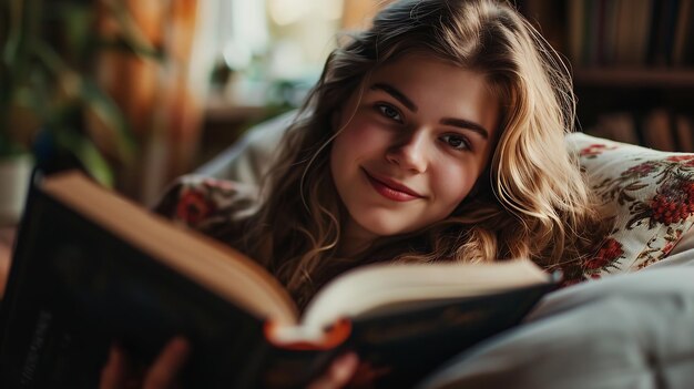 Retrato de uma mulher atraente em sua sala de estar lendo livros IA generativa