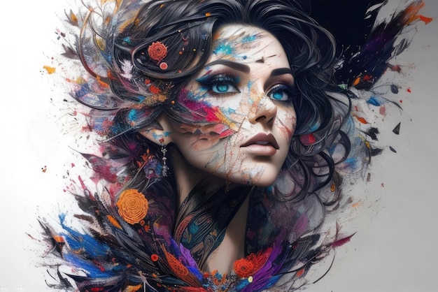 Retrato de uma mulher através da arte digital de arte abstrata colorida de mulher com pintura colorida Ai Art