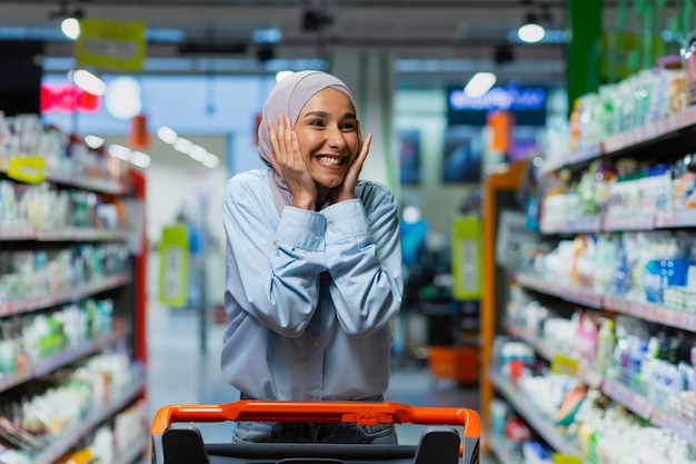 Retrato de uma mulher bem-sucedida e satisfeita no supermercado. Mulher muçulmana alegre em hijab com carrinho de compras entre as prateleiras com mercadorias olhando para várias lojas.