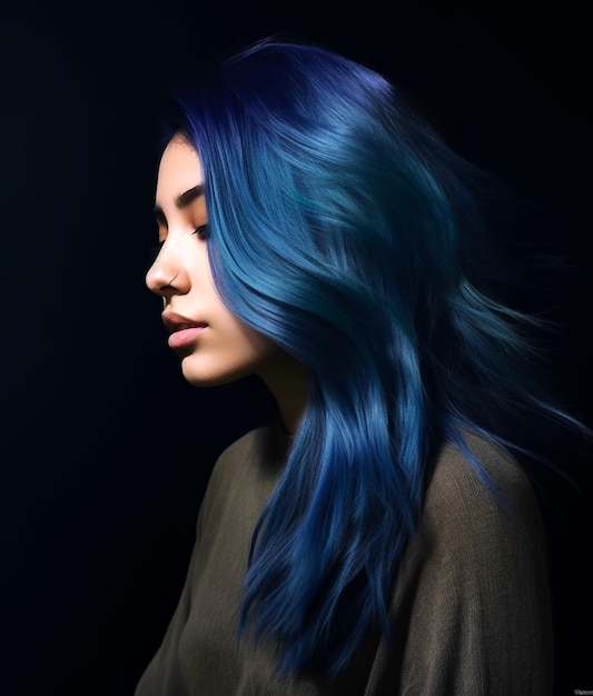 Retrato de uma mulher bonita com cabelo azul em fundo preto