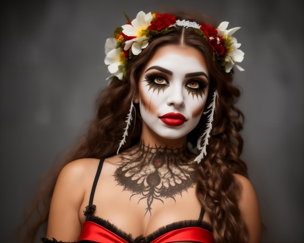 Retrato de uma mulher bonita com maquiagem de caveira de açúcar e flores no cabelo