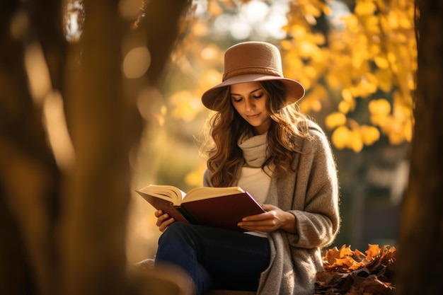 Retrato de uma mulher bonita lendo um livro no outono