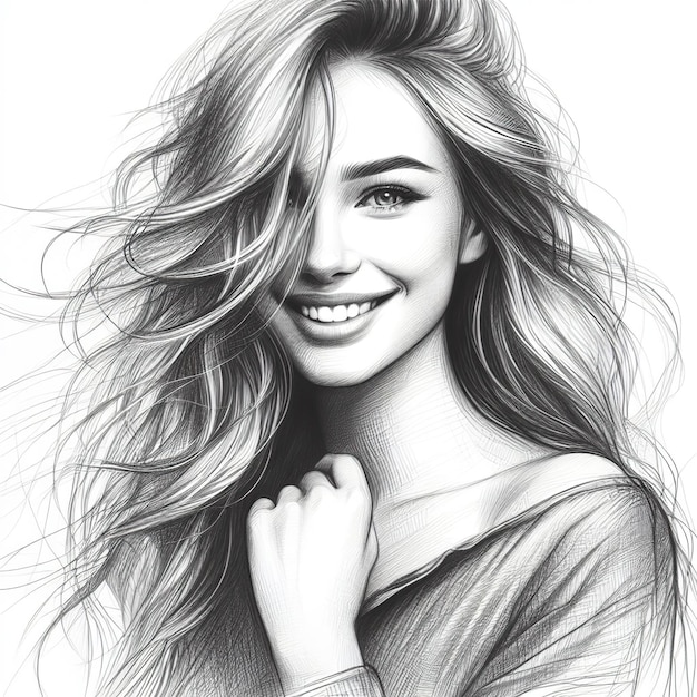 Retrato de uma mulher bonita sorridente com cabelos flutuantes Desenho a lápis