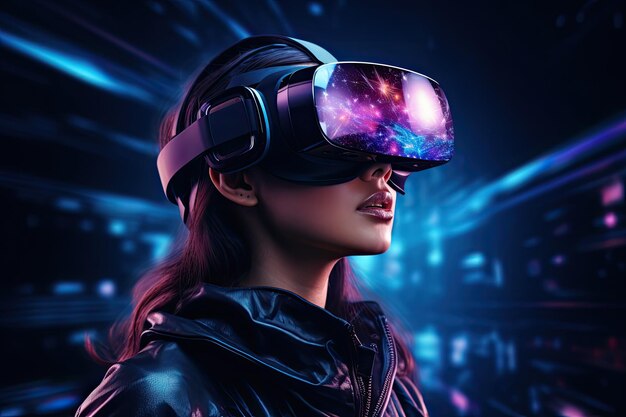 Retrato de uma mulher bonita usando óculos de realidade virtual renderização 3D Mulher jovem usando óculos de realidade virtual conceito de tecnologia futura renderização 3D AI gerado