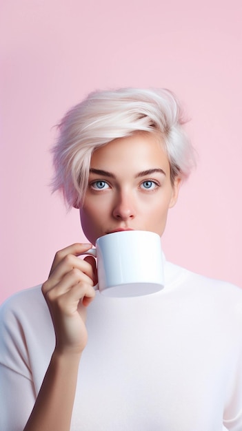 Retrato de uma mulher branca bebendo café quente contra um fundo pastel com espaço para texto