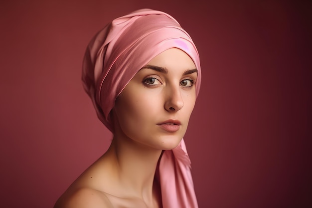 Retrato de uma mulher careca de meia-idade usando um lenço de cabeça rosa Generative AI