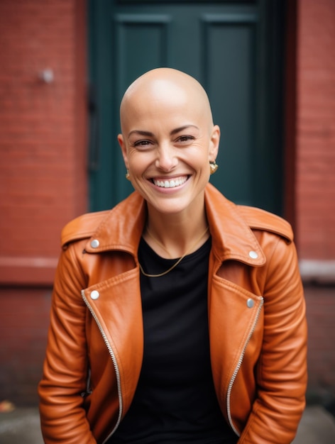 Retrato de uma mulher careca sorridente e alegre em frente a uma parede