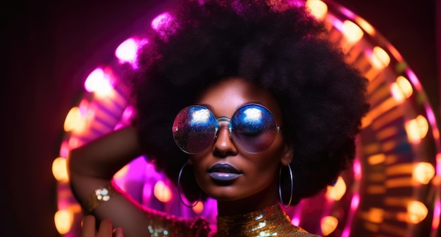 Retrato de uma mulher com cabelo afro usando uma faixa brilhante de bola de discoteca e óculos de sol grandes