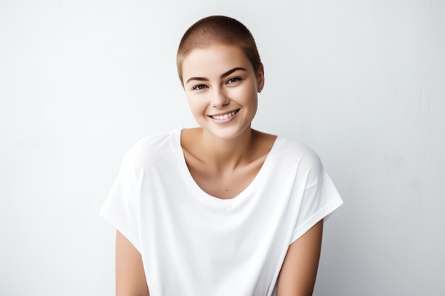 Foto retrato de uma mulher com câncer de pele vestindo uma camiseta branca