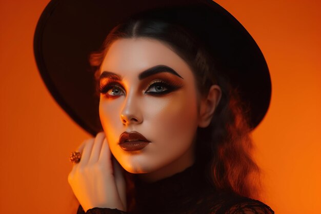 retrato de uma mulher com maquiagem criativa de Halloween tem uma aparência assustadora uma mulher em uma fantasia de halloween espaço vazio em um fundo laranja Uma mulher está se preparando para o dia dos mortos Generative AI