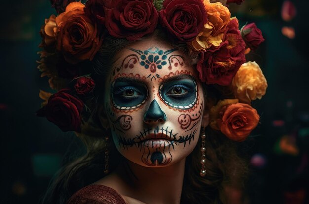 Retrato de uma mulher com maquiagem de caveira de açúcar sobre fundo escuro Fantasia e maquiagem de Halloween Retrato de Calavera Catrina Generative AI