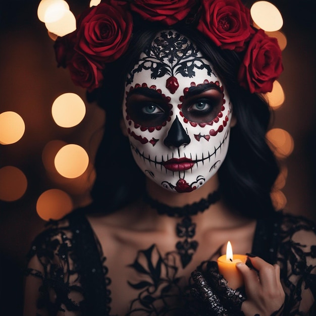 Retrato de uma mulher com maquiagem de crânio de açúcar sobre um fundo escuro papel de parede de traje do dia morto