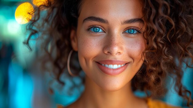 Retrato de uma mulher com olhos azuis em close-up