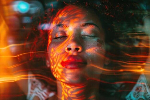 Retrato de uma mulher com os olhos fechados e a energia brilhante que passa pelo seu corpo