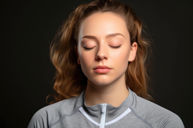 Retrato de uma mulher com os olhos fechados em roupas esportivas criadas com IA generativa