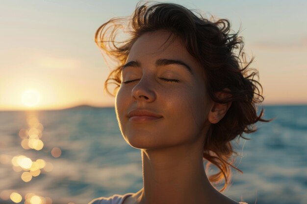 Foto retrato de uma mulher com os olhos fechados meditando ao lado do mar ao nascer do sol