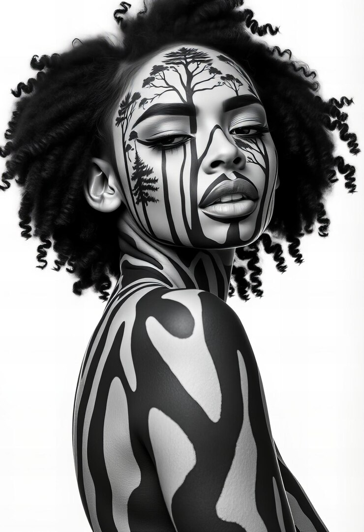Foto retrato de uma mulher com pintura corporal com temas florestais