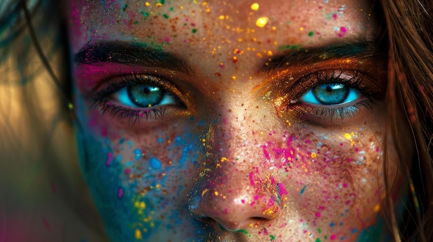 Retrato de uma mulher com pó Holi colorido em seu rosto maquiagem artística foco em olhos AI Generative