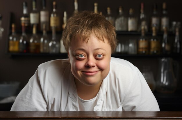 Foto retrato de uma mulher com síndrome de down que cumpriu seu sonho tornando-se barman gerado ai