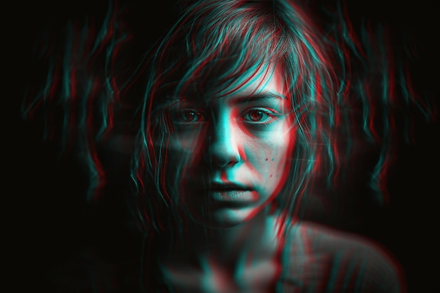 retrato de uma mulher com transtornos mentais e paranoia em depressão e estresse preto e branco com efeito de realidade virtual 3D