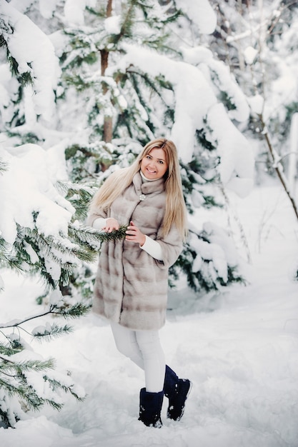 Retrato de uma mulher com um casaco de pele branco em uma floresta fria de inverno. Garota em uma floresta de inverno coberta de neve