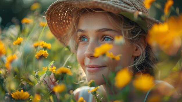 retrato de uma mulher com um chapéu de palha na natureza