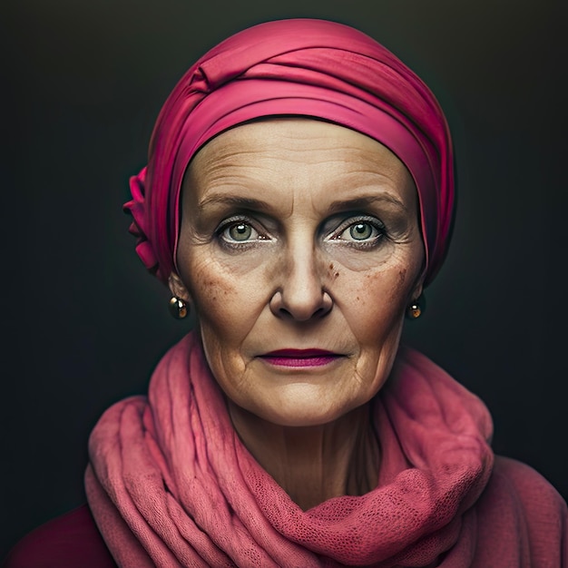 Retrato de uma mulher com um lenço rosa na cabeça mulher com câncer reivindicando o dia mundial contra o câncer