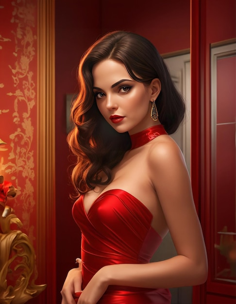 retrato de uma mulher com um vestido vermelho