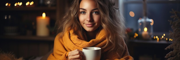 retrato de uma mulher com uma caneca de café quente em uma manta em uma casa aconchegante no outono ou inverno