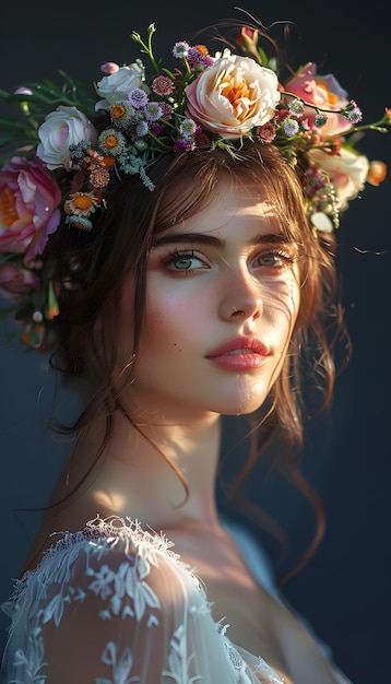 Retrato de uma mulher com uma coroa de flores na cabeça Conceito de moda moda